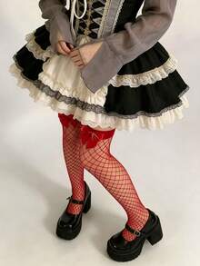 Red Bow Red Fishnet Thigh High Socks Lolita Y2K Gothic Cosplay Stockings - Red - View 3