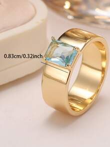 1 Buah Cincin Wanita Warna Emas Pita Lebar Persegi dengan Batu Zirkonia Kubik Biru Muda, Perhiasan Jari Minimalis Tebal Warna Tembaga, Hadiah Perhiasan Jari - cincin geometris - View 2