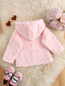 1pc Toddler Cute Stylish Casual Sweet Sporty Fashion Minimalist 3D Heart Print Warm Fleece Hooded Cardigan Jacket Coat Autumn Winter - Baby Pink - View 5