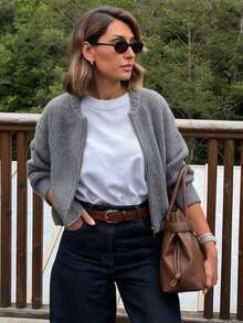 Women's Autumn/Winter Casual Grey Ribbed Zip-Up Thickened College Style Short Knit Cardigan, Round Neck Loose Long Sleeve Short Halloween Sweater Jacket - Grey - View 9
