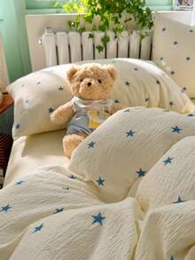 Minimalist Blue Star Bedding Set, Comfortable & Breathable Bed Sheet & Duvet Cover 4-Piece Set (1 Duvet Cover + 1 Bed Sheet + 2 Pillowcases, Duvet Insert & Pillow Insert Not Included, Pillowcase Pattern Randomly Cut) - Baby Blue - View 10