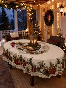 White Tablecloth With Gold Floral Print – Elegant Christmas Table Decor – Polyester Rectangular/Round/Oval Tablecloth – Suitable For Winter Table Settings And Home Christmas Parties. - Multicolor - View 16
