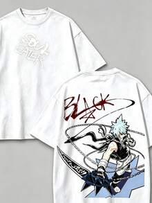 Soul Eater - Black Star Anime Washed T-Shirt, Double-Sided Cotton, Unisex Design, Japanese Manga Merchandise, Men's T-Shirt - 白色2 - 查看 1