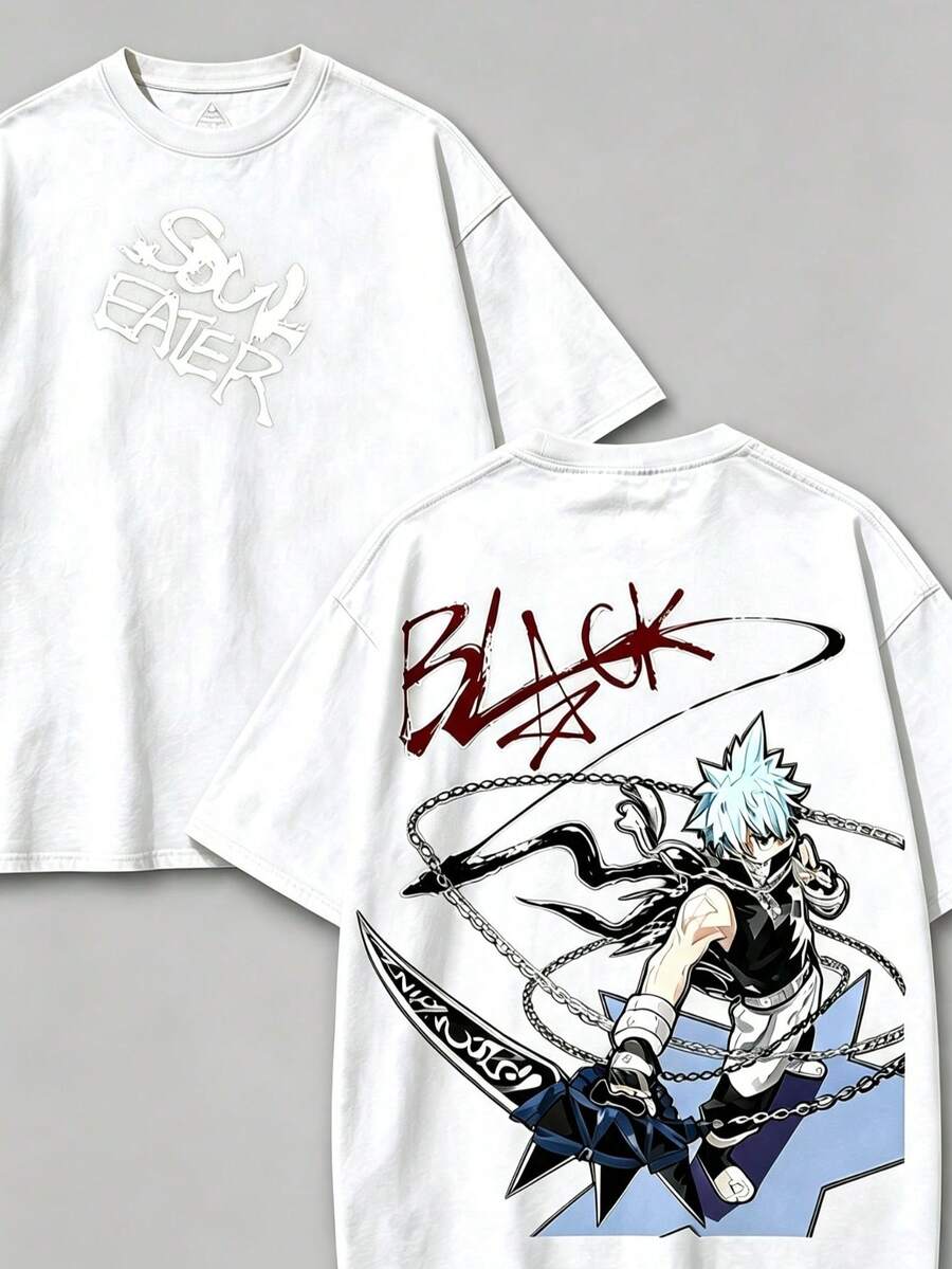 Soul Eater - Black Star Anime Washed T-Shirt, Double-Sided Cotton, Unisex Design, Japanese Manga Merchandise, Men's T-Shirt - 白色2 - 查看 1