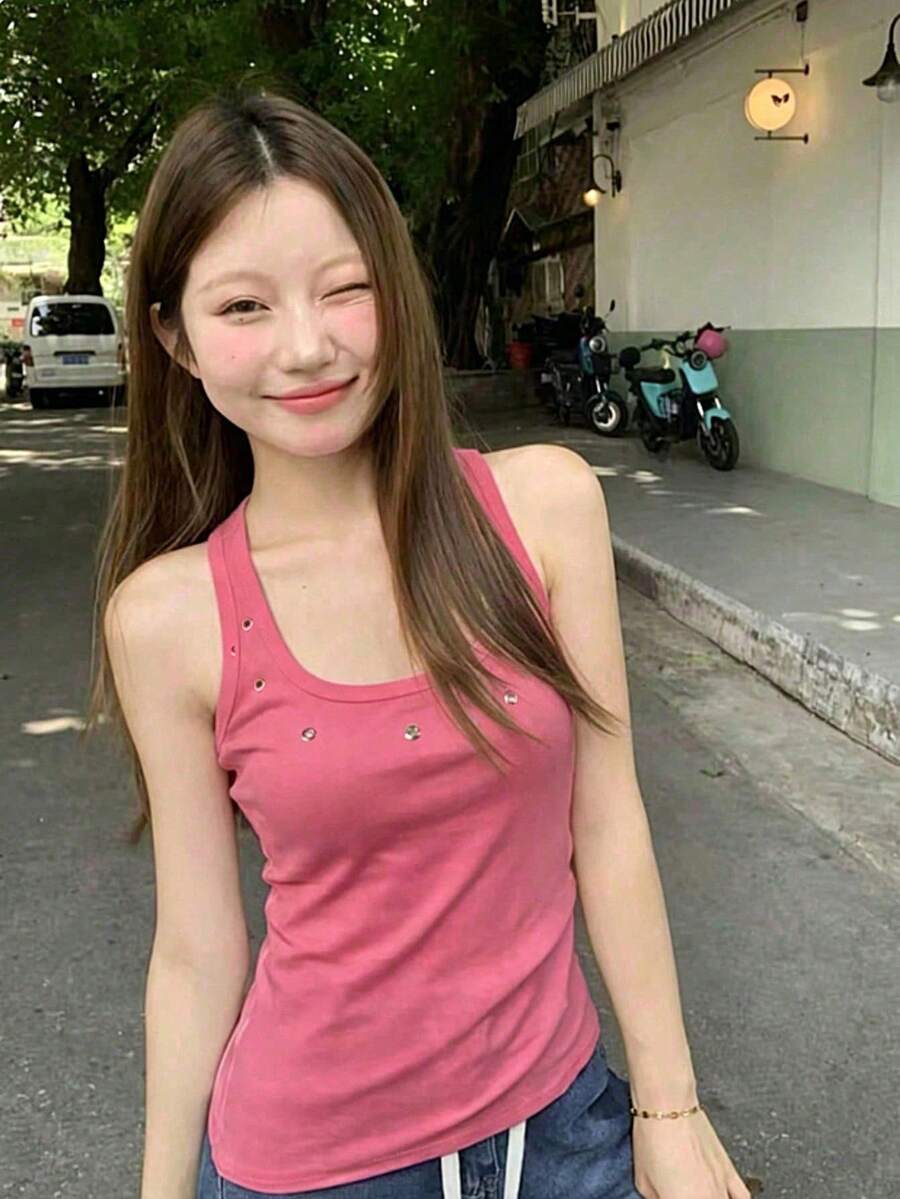 性感春夏U領細肩帶背心,修身顯瘦無袖針織上衣休閒款 - 玫粉色 - 查看 1