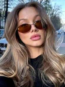 1件女款無框金屬水鑽字母 Y2K 風格時尚眼鏡，橢圓字母裝飾，復古學院風，返校必備 - 茶 - 查看 4