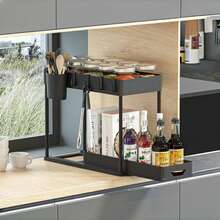 1pc Under Sink Storage Rack, 2-Tier Organizer With Hooks And Hanging Cups, Suitable For Under Sink, Kitchen, Bathroom And More, Space-Saving Multi-Functional - Black - View 6
