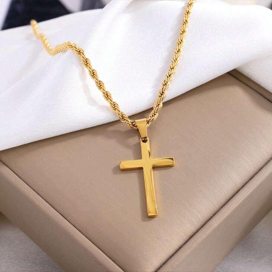 Stainless Steel Men's Premium Champagne Gold Twisted Chain Cross Pendant Necklace, Non-Fading - Twist Chain - View 1