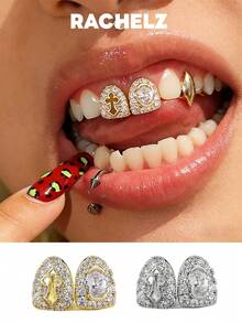 RACHELZ 雙層鏤空十字全鋯石 Grillz 牙套 嘻哈復古眼款 立方鋯石牙套 中性亮面飾品 - 金色 - 查看 2