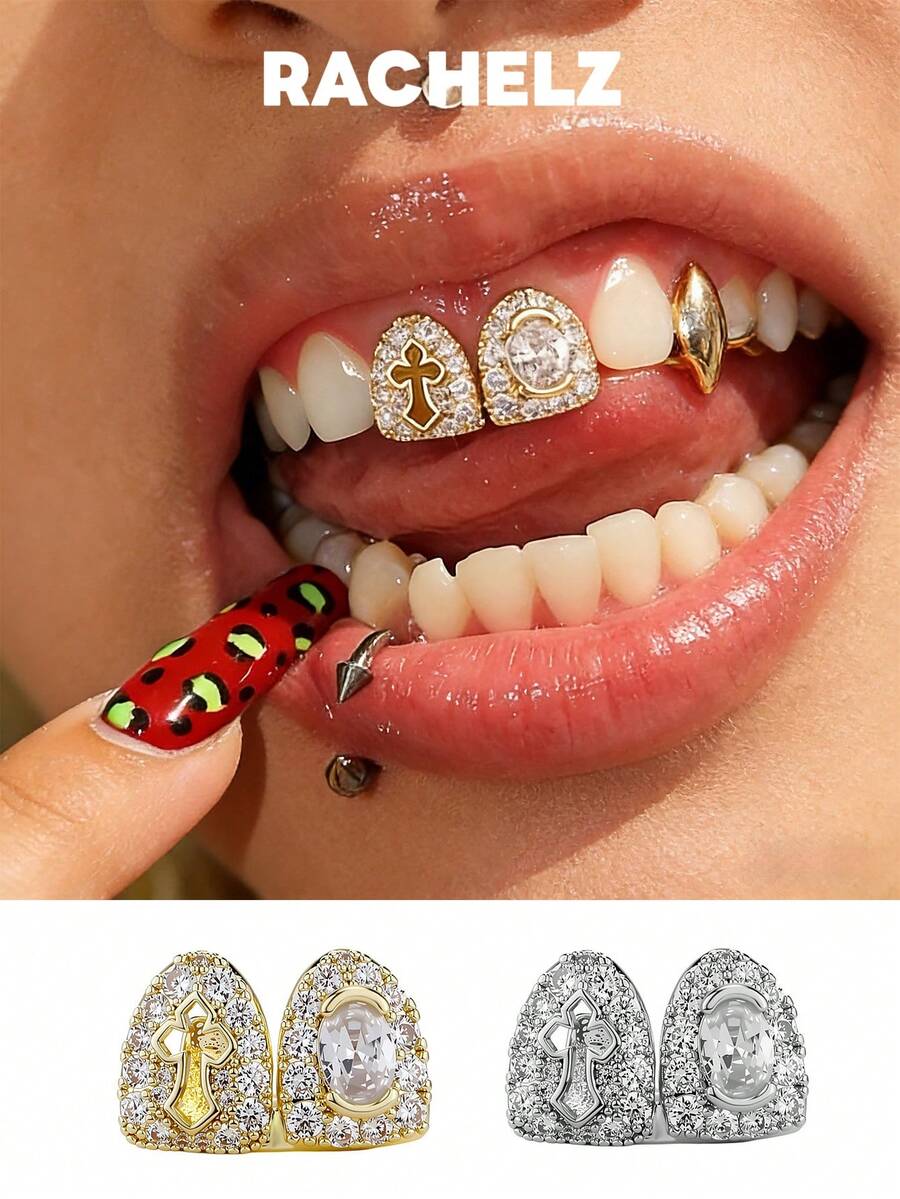 RACHELZ 雙層鏤空十字全鋯石 Grillz 牙套 嘻哈復古眼款 立方鋯石牙套 中性亮面飾品