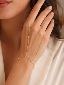 1pc Gold Fashionable Unique Design Double Finger Connected Bracelet For Women, High-End Rhinestone Embellished Hand Chain Jewelry For Ball, Banquet And Party - Gold - View 6