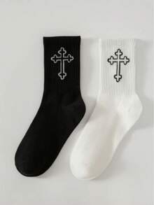 1/2/5/8/10/20 Pairs Men's All-Season Versatile Comfortable Minimalist Black & White Solid Color Mid-Calf Socks - Multicolor - View 2