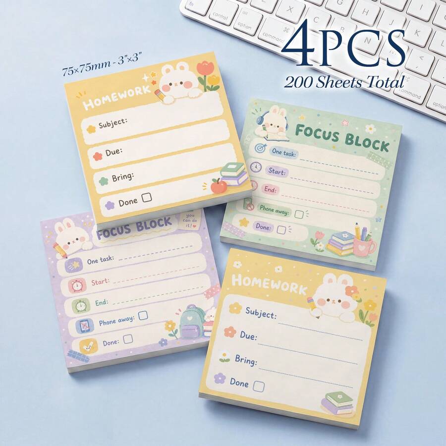 4 Pad Total 200 Lembar Stiker Belajar Kelinci Lucu 75x75mm 3x3in, Bantalan Memo Perekat Fokus, Stiker Pengingat Tugas Belajar Harian untuk Meja, Perlengkapan Alat Tulis Sekolah dan Kantor untuk Siswa - 75x75mm - View 1