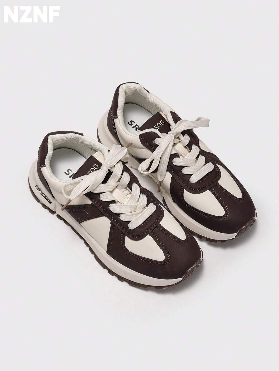 NZNF 2025 New Arrival White Chunky Sneakers, Vintage Low-Top Platform Shoes, Flattering Casual Footwear For Women - Brown - View 1