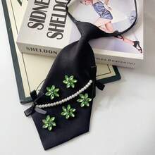 Green Rhinestone Flower Pearl Chain Black Tie-Less Necktie, Niche Personalized Women's Decorative Necktie - Green Rhinestone Floral Design - View 7