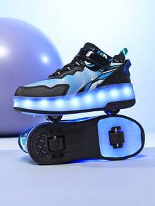 BLSART 1雙兒童2合1四輪LED發光溜冰鞋，USB充電可調節戶外溜冰鞋，兒童生日禮物 - 黑藍色 - 查看 4