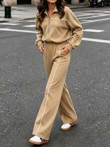 Women's 2 Pieces Set Solid Color Casual Elegant Zip-Up Jacket + Long Pants Office Daily Airport Outfit Autumn/Winter - Khaki - View 4