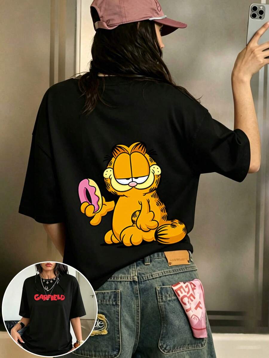 Women's Solid Color Round Neck Short-Sleeved Loose T-Shirt, 100% Cotton Top,Cute Cartoon Cat Print,Spring/Summer Casual Wear Black - Black - View 1