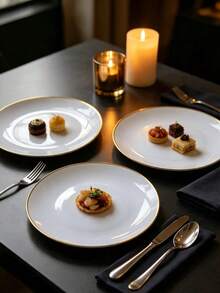 Premium Gold-Rimmed Solid Color Round Plate, Exquisite Minimalist Beveled Design, Suitable For Home Dinner, Afternoon Tea, Dessert And Snack Display, Restaurant Cold Appetizer Decoration, Easily Create Elegant Atmosphere Dining Table - Multicolor - View 5