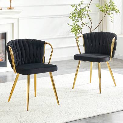 Dining Chair With Velvet Cover, Modern Upholstered Chair With Braided Backrest &Amp; Golden Metal Legs, Ergonomic Armchair For Dining Room, Living Room &Amp; Kitchen, Black-Gold, 43 X 58 X 76 Cm