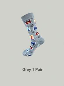 1/3/6 Pairs Men's Vintage Travel Stamp Pattern Crew Socks,Soft Breathable Novelty Airplane Landmark Postage Dress Socks,For Daily Wear&Back‑To‑School - Multicolor - View 9