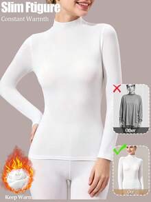 女款高領無縫保暖長袖內搭上衣，圓領修身高彈性秋冬疊穿襯衫 - 白色 - 查看 3