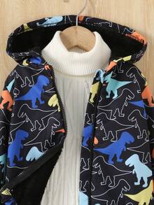 Boys' Cartoon Dinosaur Pattern Long Sleeve Hooded Zip-Up Jacket, Fleece Lined, Autumn/Winter Clothing, Essential Item For Autumn - Black - View 5