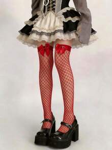 Red Bow Red Fishnet Thigh High Socks Lolita Y2K Gothic Cosplay Stockings - Red - View 2