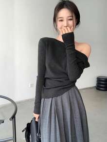 Sweater Hitam Chic Tanpa Bahu, Atasan Lapisan Dasar yang Melangsingkan untuk Wanita, Atasan Rajut Tanpa Bahu Musim Gugur/Dingin - Dark Grey - View 6