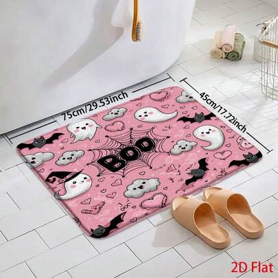 1Pc Halloween Cute Ghost And Bat Non-Slip Bath Mat Cute And Playful Design Pink Background Bathroom Decorative Carpet Kitchen Rug Home Entrance Doormat