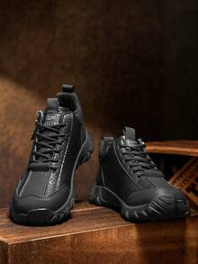 GAISIMA Men's Quilted Embossed Pattern Side Zipper Mid-Top Hiking Shoes, Vintage Casual Outdoor Non-Slip Sports Shoes, Suitable For Autumn/Winter Daily Wear And Hiking - Black - View 4