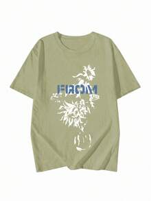 Y2K Women's Summer New Abstract Floral Print Casual Grey-Green Short Sleeve T-Shirt - Olive Green - View 4