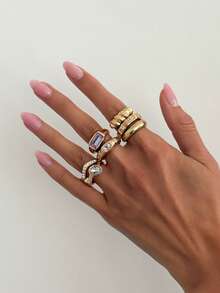 6pcs Vintage Minimalist Luxury Rhinestone Rings Set, Metal Gold Open Finger Rings, Fashion Accessories For Women Daily, Party, Vacation, Gifts For Friends - Yellow Gold - View 14