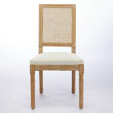 French Farmhouse Dining Chairs Set Of 2, Distressed Solid Wood Frame, Square Woven Rattan Back, Breathable Linen Upholstered Chair, Cushion With Foam & Steel S Spring, Vintage Side Chairs,DE1779BG - Beige - View 2