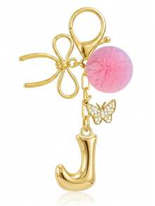 Cute Minimalist A-Z Initial Gold Keychain With Bowknot Pink Fur Ball Key Chain For Women's Bags, Daily Wear And Gift - Gold - View 26