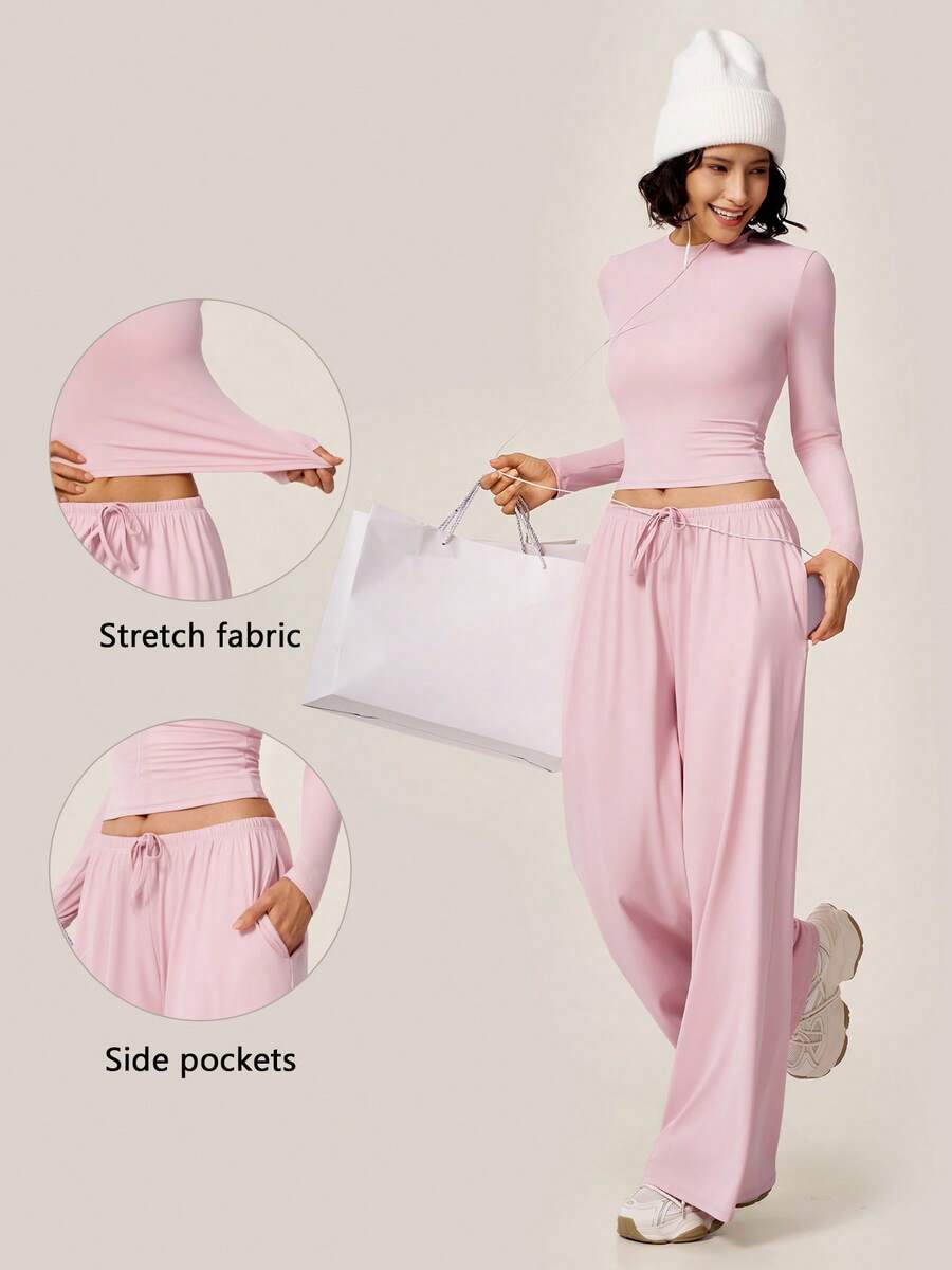 TimeOff Women's One Set Autumn/Winter Solid Color Round Neck Long Sleeve Drawstring Side Pocket Wide Leg Pants Set - Pink - View 1