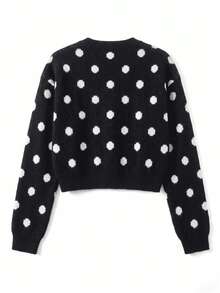 Women's Cardigan Sweater, Round Neck, Single-Breasted Button Closure, Long Sleeve, European And American Modern Style, Daily Wear, Colorblock Polka Dot, Versatile For Single Wear Or Layering, Warm, Autumn/Winter - Black - View 9
