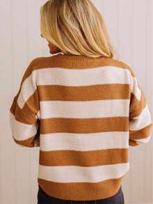 Women's Spring/Summer Casual Blue & White Striped Contrast Trim Pocket Knit Short Sleeve T-Shirt - Ginger - View 5