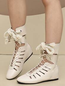 Hollow Out Roman Ankle Boots Women's Tassel Rope Lace-Up Flat Ankle Boots Bohemian Style Hollow Out Gladiator Sandals - Beige - View 9