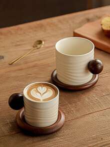 Japanese Wabi-Sabi Ceramic Coffee Cup & Saucer Set With Handmade Texture And Round Wooden Handle – Ideal For Home Afternoon Tea, Latte Art, And Daily Brew – Rustic Elegance For Warm, Inviting Sips. - Multicolor - View 3