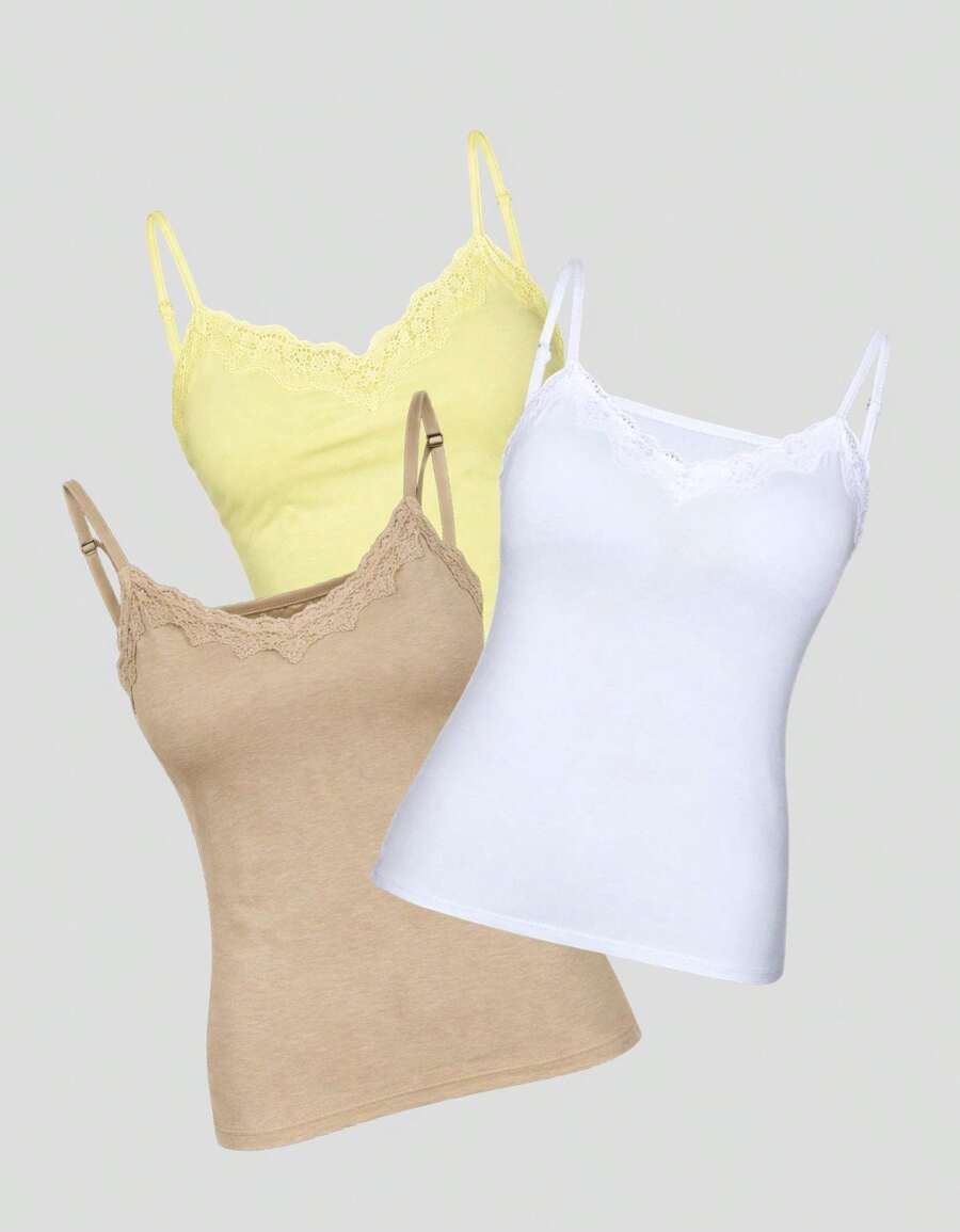 3-Pack Padded Lace-Trimmed Basic Solid Color Everyday Blouses - Amarillo mantequilla, blanco y beige - Ver 1