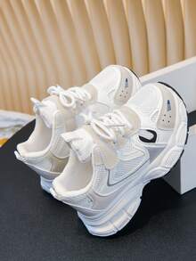 Spring/Autumn Children's Sports Shoes, Children's Mesh Shoes, Girls' School Shoes, Mesh Patchwork, Color Block Design, Thick Sole Chunky Sneakers, Comfortable And Versatile (Insole Pattern And Upper Mesh Shape Random) - Beige - View 2