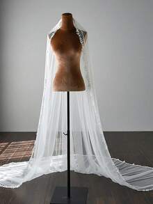 2026 Long Lace Veil, 1pc 95cm Eyelash Lace Train, Built-In Metal Comb, Suitable For Church And Cathedral Weddings, Bohemian Style - White - View 10