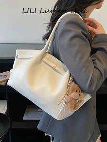 Atmospheric Large Capacity Tote Bag, Soft Relaxed Body With Extended Handle, Metal Buckle Decoration On Front, Can Be Paired With Fun Charms. Open Design For Easy Access, Ample Internal Storage Space, Simple And Elegant Style, Suitable For Commuting And Daily Outings, Compatible With Various Daily Outfits. - White - View 6
