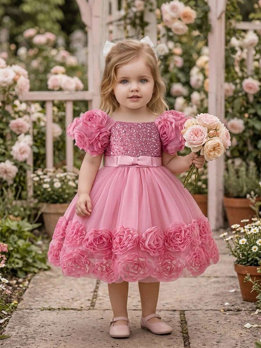 Baby Girls Sequin Mesh Fluffy Flower Girl Dress Princess Gown Suitable For Party, Headband Not Included - Dusty Pink - View 1
