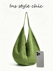 Solid Color Mesh Hollow Crochet Shoulder Bag, Breathable Mesh Surface, Water Drop 3D Design, Open Top Closure, Suitable For School, Travel, Vacation, Commute, Shopping, Miscellaneous Storage - Green - View 3