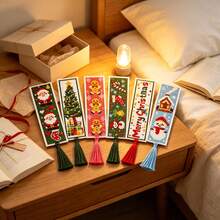 Christmas Theme Cross Stitch Bookmark 6pcs Set Full Material Kit 11CT Beginner Friendly Zero-Based Candy Cane Gingerbread Man Snowman House Print DIY Colorful Tassel Holiday Decoration Dual-Use Creative Gift - Multicolor - View 7