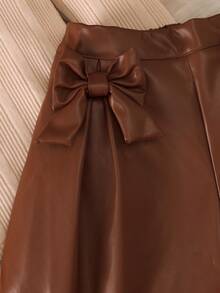Purechapter 3pcs Tween Girls Fashion Elegant Set, Puff Sleeve Ribbed Knit Top + Bow Brown Elastic Waist Shorts + Beret, Autumn/Winter - Brown - View 6