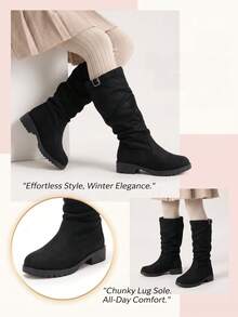 1 Pair Fashionable Kids' Tall Boots, Girls' Plus Size High-Top Boots, Black Suede Pleated High-Top Riding Boots, Thick Sole, Teenager Best Friend Outfit, Parent-Child Matching, Suitable For Autumn/Winter Daily Wear, Vacation And Travel - Black - View 9
