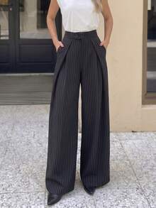 1pc Women's Striped Pleated Straight Leg Pants, Business Commute, Casual , Striped Ruffle/Frill Hem Straight Leg Pants Black - Black - View 4